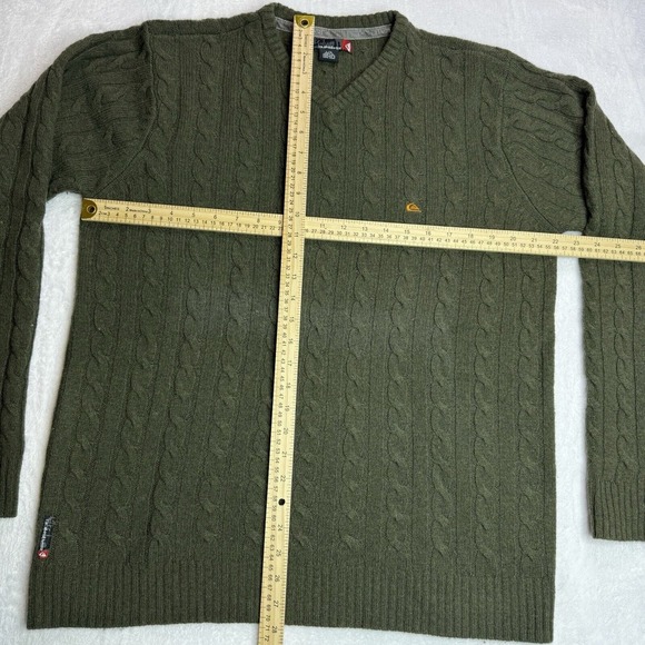 Quicksilver Sweater Large Men's Green Pullover V Neck Cable Knit - Lambs Wool - Picture 8 of 15